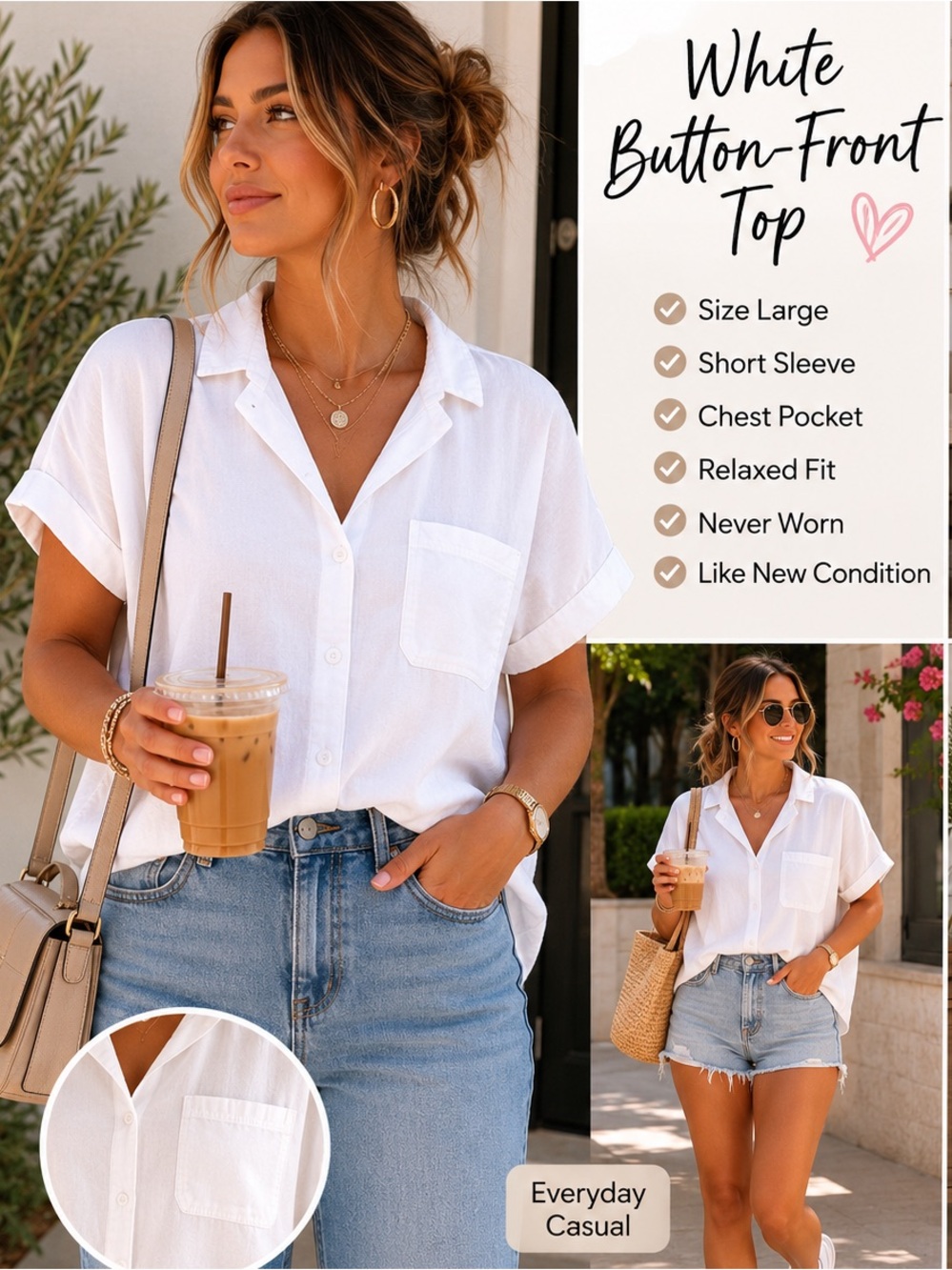 SO Goods For Life White Button-Front Short Sleeve Cropped Shirt Size L Juniors